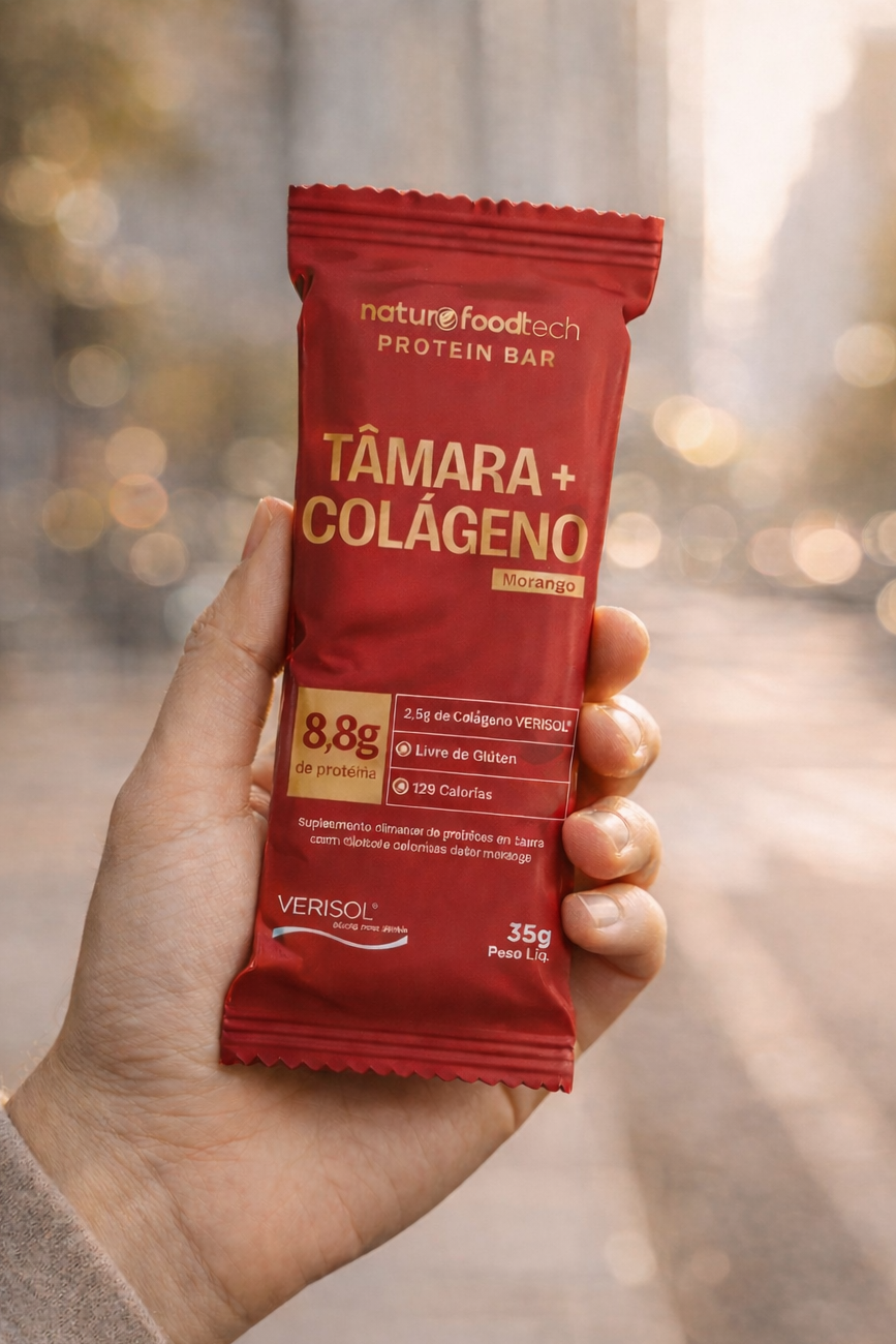 barra proteica de tâmara com colágeno verisol e cobertura de morango
