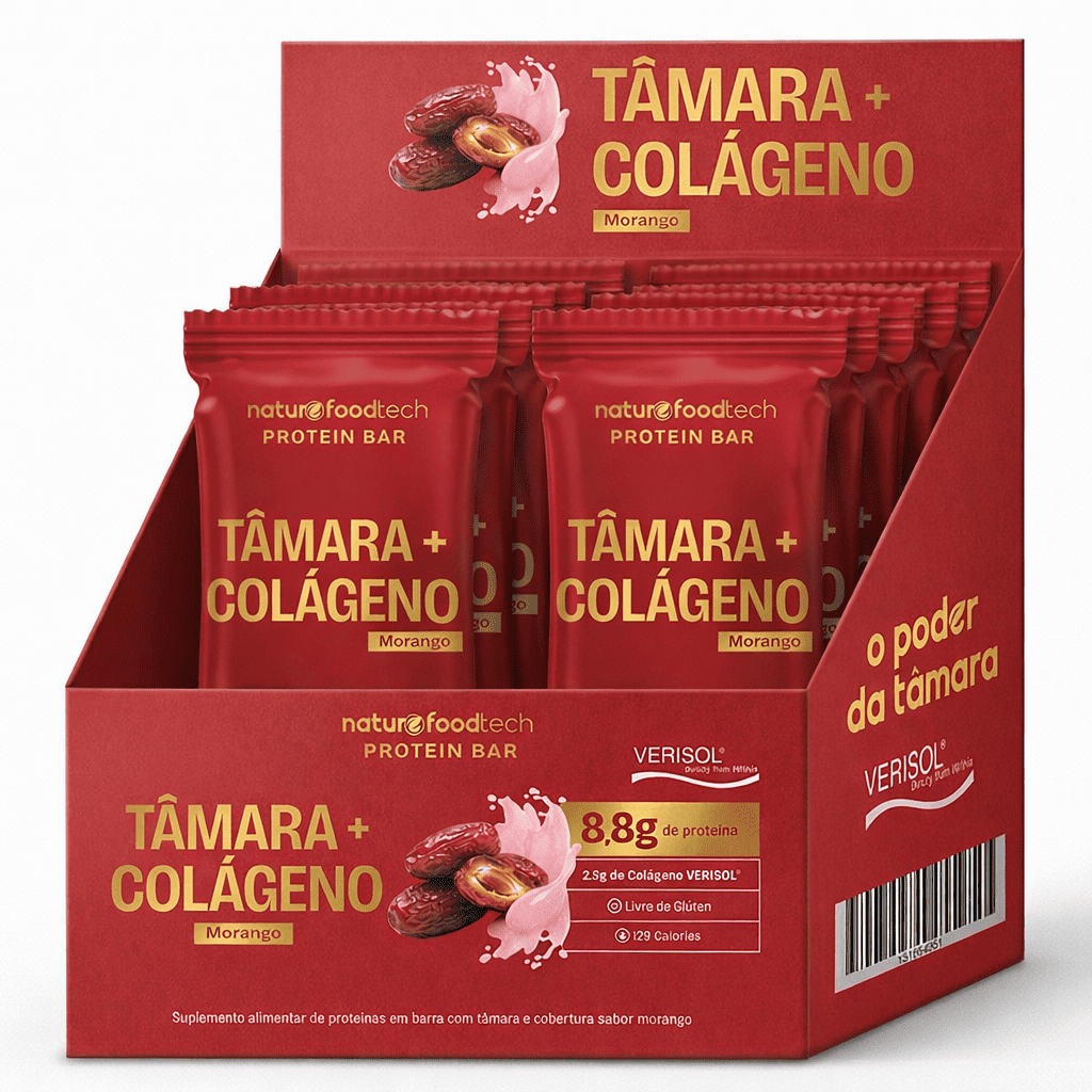Caixa Com 12 Unidades - Barrinha De Tâmara com Colágeno Verisol®  - Cobertura de Morango